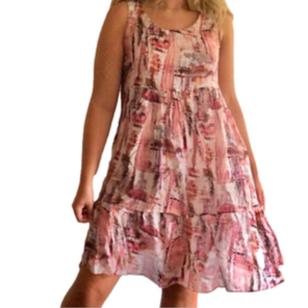 Bellambra Women’s Silk Blend Tiered Abstract Pink Sundress XS